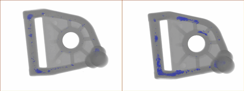 Injection mold: Left: a bracket from the period with normal failure rates. Right: a bracket from the period with excessive failure rates. 