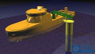 Photo 2: A 70m Operations & Maintenance vessel equipped with a motion-compensated gangway, here seen when aligning the gangway to a wind turbine transition piece. The scenario is Python-scripted in a desktop setup.