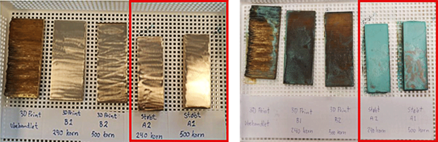 Both images show three printed propeller blade samples left and two cast samples right