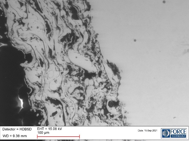 Cross section of porous catalytic coating for hydrogen production, after casting and preparation