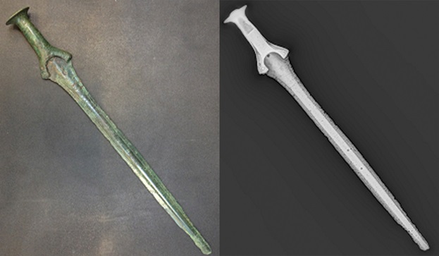 Photo and digital X-ray image of a sword from the early Branze Age, c. 1600 BC.