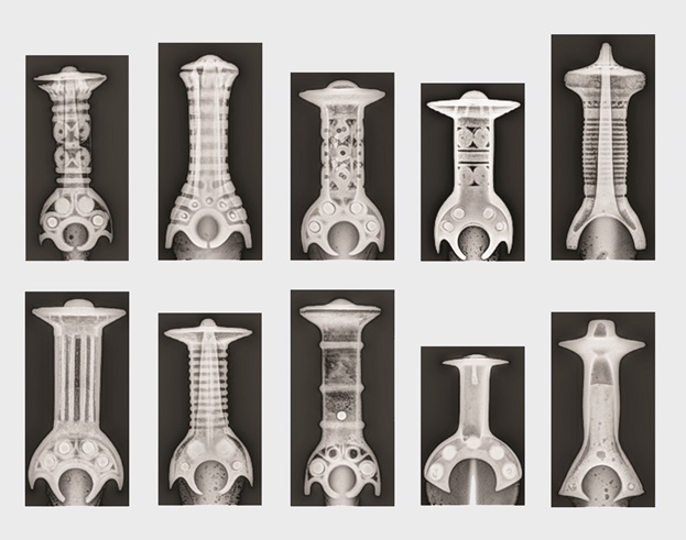 Eksempler på den store variation i sværdenes opbygning og på forskellige typer af skæfter og hæftninger til klingen.