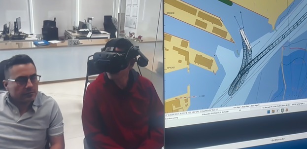 Marine pilot wearing Varjo XR-4 headset for remote maritime simulation training