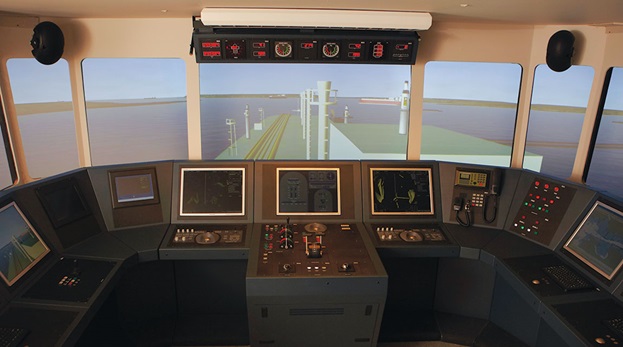 Ship bridge simulator, simulator training, FORCE Technologyfull mission simulator 210 degree view with backview