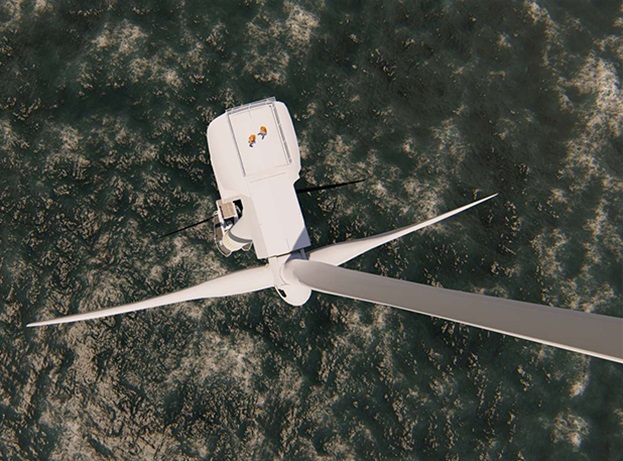 Two offshore workers on the top of the windmill, wind farm
