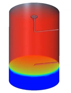 Simulation snapshot of water flow lines and coloured temperature during tank operation