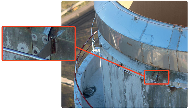 A drone inspection of chimneys reveals corrosion areas and cracks in the concrete.